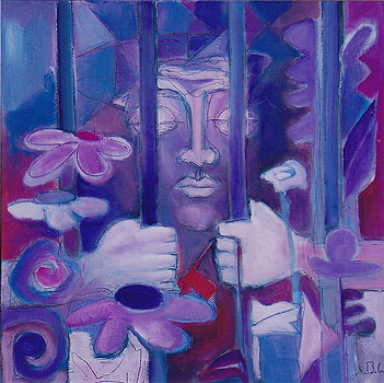 Gefangene Besuchen (aus dem Zyklus: 7 Werke der Barmherzigkeit), 2010, Acryl auf Leinwand, 60 x 60cm 
