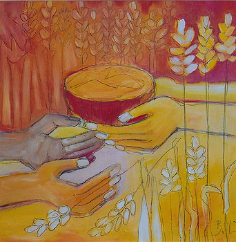 Hungrige speisen (aus dem Zyklus: 7 Werke der Barmherzigkeit), 2010, Acryl auf Leinwand, 60 x 60cm